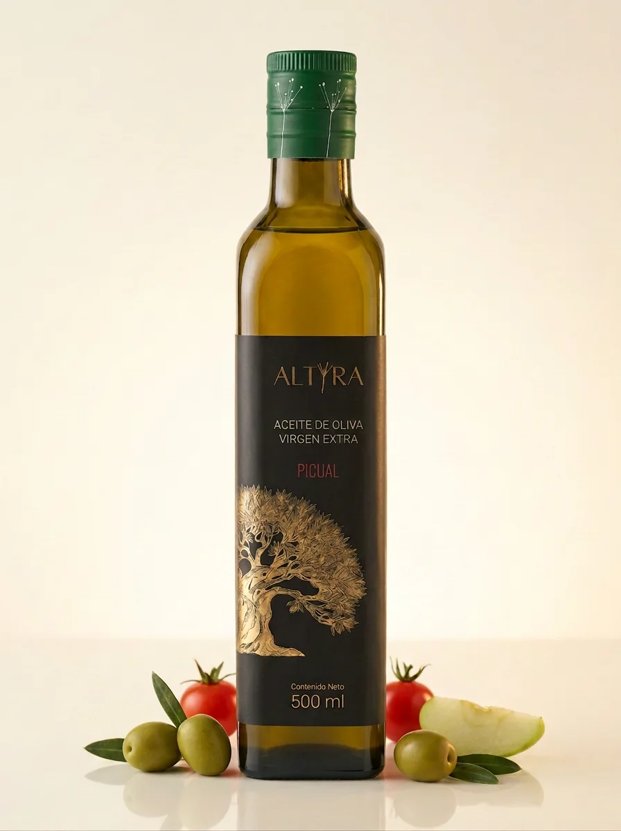 Бутылка оливкового масла ALTYRA Picual, оливки, томат и долька яблока